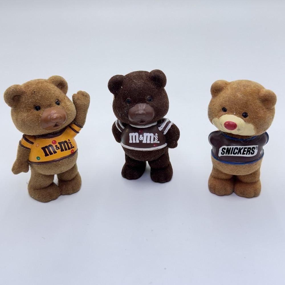 3 VTG 1987 Mars Flocked Fuzzy Teddy Bear Plain And Peanut‎ M&Ms + Snickers Candy